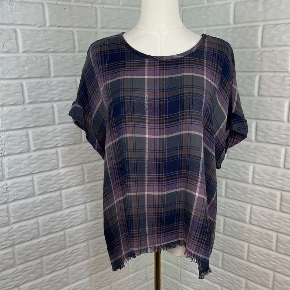 CLOTH & STONE ANTHROPOLOGIE MALLORY PLAID BLOUSE BUTTON DOWN BACK RAW HEM SZ LG